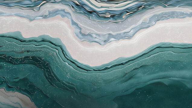 Textura fluida de arte acr&iacute;lico en verde esmeralda y gris con burbujas y ondas org&aacute;nicas, evocando un paisaje marino profundo y sofisticado.