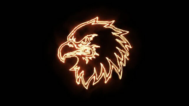 Glowing orange neon eagle head animation on black background. 4K Video