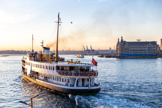 Istanbul, Turkey - April 23, 2026: Beautiful Istanbul bosphorus landscape. Ferries at Kadikoy District. Istanbul, Turkey.