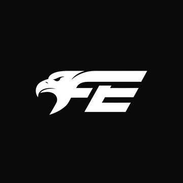 Modern white eagle head logo design with bold 'FE' initials on a black background, powerful animal symbol graphic element
