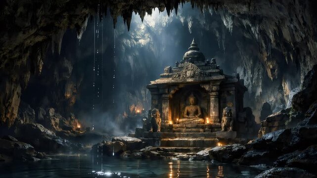 Ancient stone Buddha statue meditating peacefully inside a shrine within a mystical, candlelit underground cave, with water dripping from stalactites into a serene reflective pool