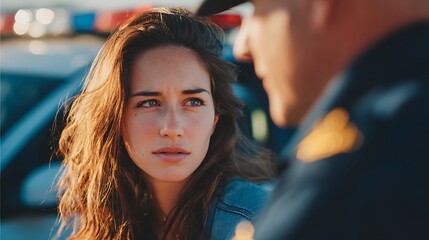 Fototapeta premium Worried young woman talking to a police officer during a traffic stop at sunset. Symbolizing legal anxiety, authority interaction, public safety, and accountability.