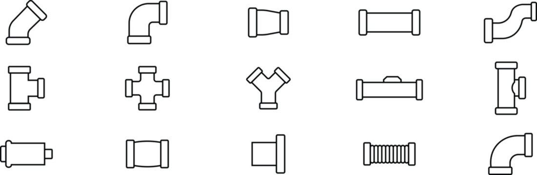 Pipe fitting outline icon set with plumbing connectors, Elbow joint valve and tube symbols, Industrial pipeline line collection
