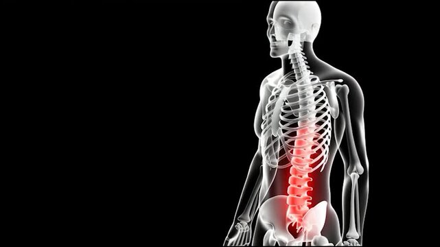 Wide Shot of Human Skeleton with Red Highlighted Spine and Pelvis