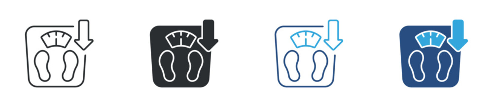 Weight loss icon set. scale with footprints and down arrow. diet and fitness concept. vector illustration.