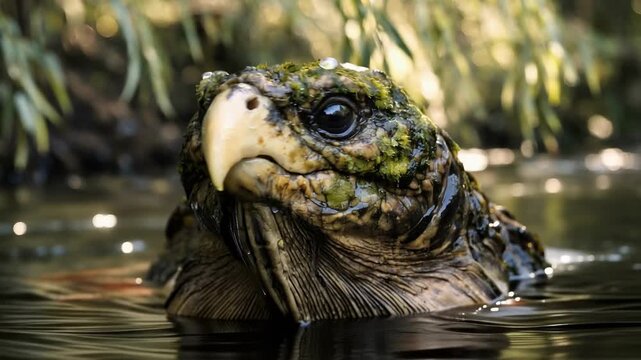 Ancient reptilian animal with a mossy head and a sharp beak emerging from murky swamp water, looking around its natural, wild habitat with large, dark eyes in a close up wildlife shot