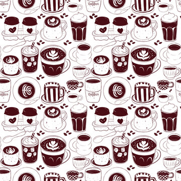 A rich seamless pattern featuring a variety of coffee elements: latte art cups, frappes with whipped cream, scattered beans, and handwritten text.