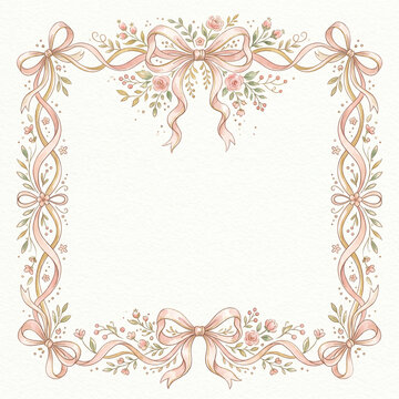 Coquette watercolor frame on a white textured background, perfect for invitations and greetings
