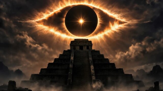 Enigmatic eye of providence shining brightly during a total solar eclipse over an ancient temple pyramid surrounded by mist and clouds, representing a powerful mystical concept