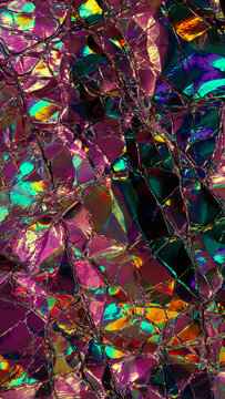 Iridescent holographic foil texture with crumpled metallic rainbow reflections for abstract backgrounds