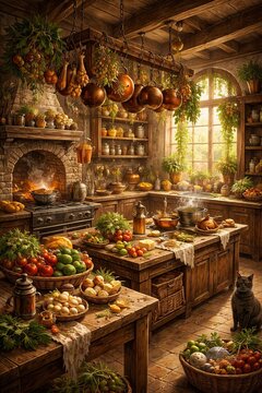 Cozy vintage kitchen with fireplace copper cookware fresh vegetables and cat in warm golden light
