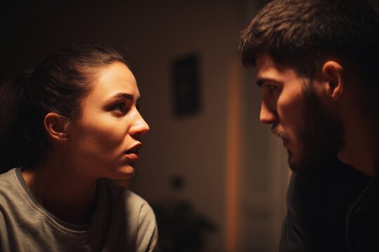 Man and woman staring at each other with tense expression in dark room during argument