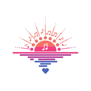 Colorful Musical Sunburst with Notes and Reflective Heart Design