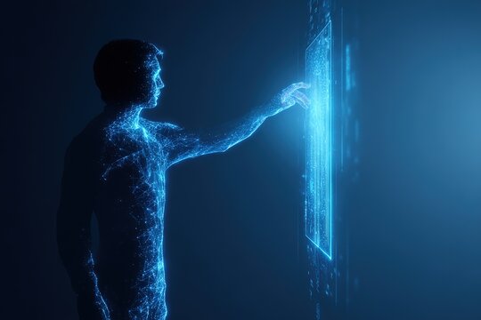 Digital human silhouette made of particles touching glowing screen on dark blue background as future concept