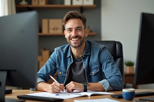 Man gleefully seated at computer desk, surrounded by an array of tech gadgets and writing tools