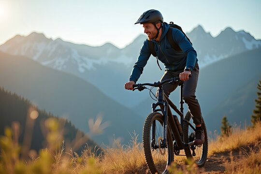 Man on an electric mountain bike, donning a helmet, cruising through mountain trails with stunning vistas in sight.