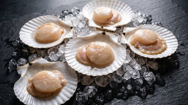 Fresh raw scallops served in half shells, beautifully arranged on crushed ice over a dark slate background. Premium seafood, perfect for a gourmet restaurant menu.
