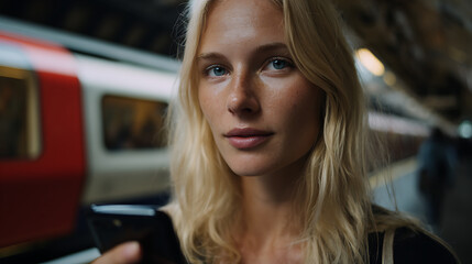 Obraz premium Young Woman with Blonde Hair and Freckles Holds Phone at Train Station Platform, Awaiting Connection with Thoughtful Expression