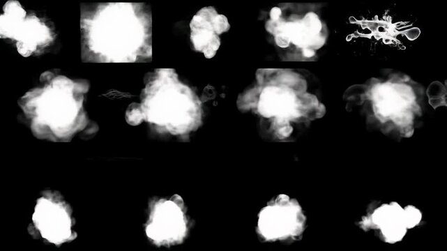 cutting-edge digital art video with dynamic white abstract fluid elements, ink, smoke, and liquid forms evolving on a deep black background, transitioning seamlessly. Concept for modern motion