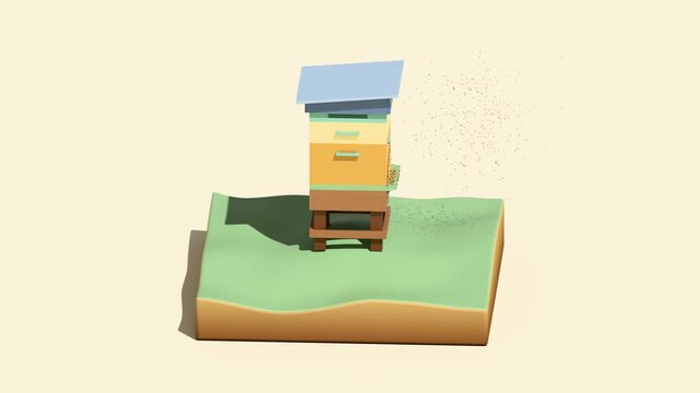 Low poly 3D animation with 360-degree camera orbit around a wooden beehive with animated swarming bees on green isometric grass platform. Warm minimal style for World Bee Day and beekeeping.
