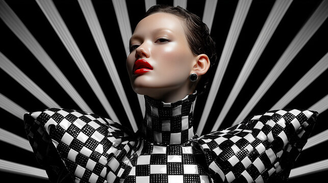 Fashion portrait of a model wearing a bold black and white geometric collar with dramatic lighting on a dark background, modern editorial concept.