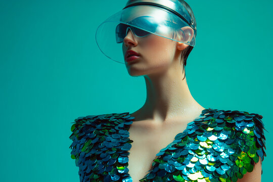 Fashion portrait of a model wearing futuristic green visor sunglasses and a textured scale outfit on a turquoise background, modern editorial concept.