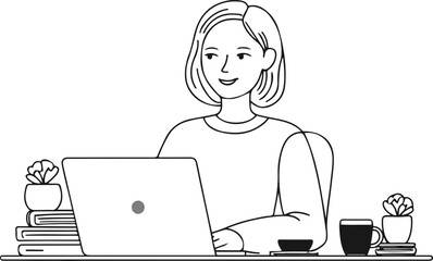 Black bold outline with white background, Minimal remote work line art 1 © rokeya