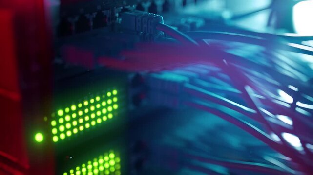 Futuristic High-Speed Data Center Network Connections. Fiber Optic and Ethernet Cables, Server Rack Lights, AI GPU CPU Cloud Computing, Big Data Analytics, Cybersecurity Digital Technology Background