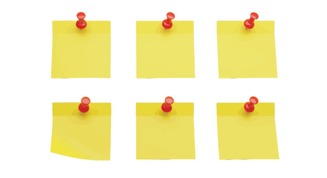 Blank yellow sticky notes with red pushpins on a monochrome yellow wall for important messages.