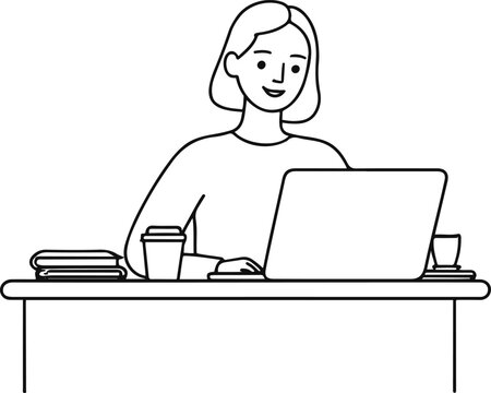 Black bold outline with white background, Minimal remote work line art 2