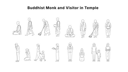 Fototapeta na wymiar Minimal CAD Buddhist people drawings set with monks and worshippers in prayer, offering and daily activities, clean outline symbols for architectural plans and cultural layouts 