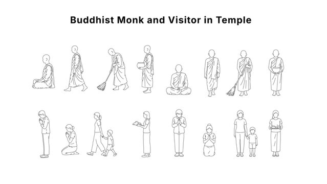 Minimal CAD Buddhist people drawings set with monks and worshippers in prayer, offering and daily activities, clean outline symbols for architectural plans and cultural layouts
