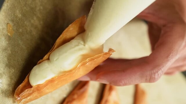 The pastry chef prepares a delicious dessert with cream and filo pastry. Vertical video.
