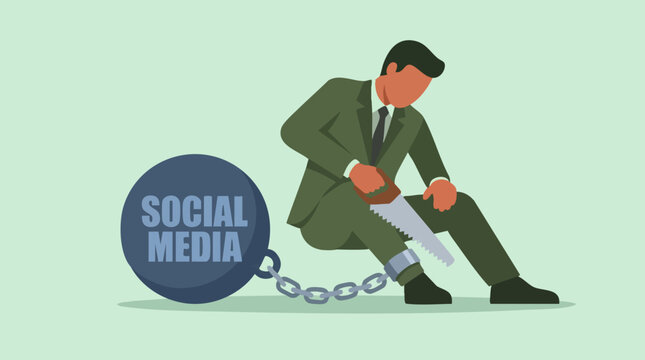 Man sawing chains to break free from social media addiction concept