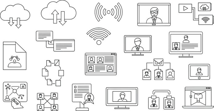 Set of Digital Communication, Video Conferencing, Cloud Computing, and Networking Vector Icons Featuring Data Sharing, Online Meetings, and Cloud Connectivity Concepts