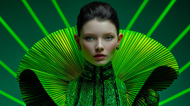 Fashion portrait of a model wearing a sculptural green dress with pleated textures and dramatic lighting on a dark background, avant-garde concept.
