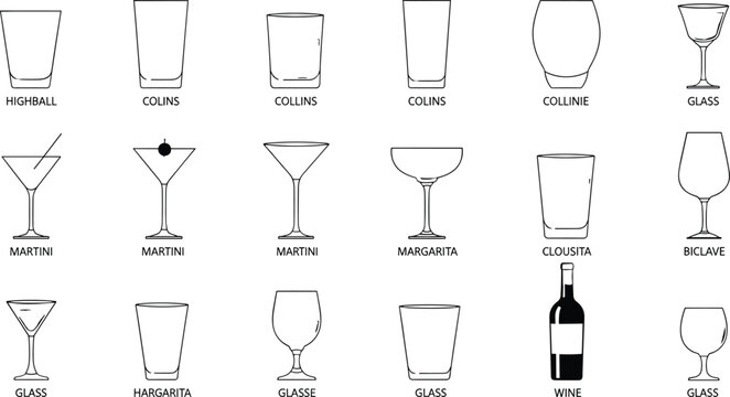Collection of drinkware line drawings including wine bottle, martini glass, margarita, highball, collins, claret, saucer, cocktail glasses illustration designMobile