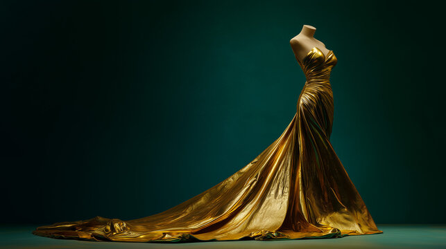 Elegant mannequin wearing a flowing golden gown with long dramatic train on a dark background, haute couture fashion concept.