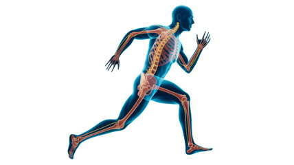 Fototapeta premium Human silhouette running with visible internal skeleton and neural system displaying athletic motion and biological structure inside a digital model presented on transparent background