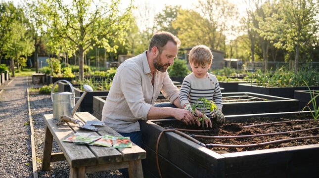 Single father in community garden kneeling beside raised vegetable beds teaching preschool son to transplant tomato seedlings during spring