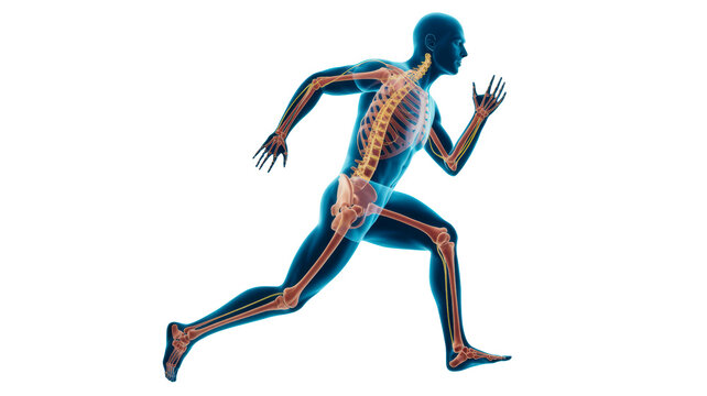 Human silhouette running with visible internal skeleton and neural system displaying athletic motion and biological structure inside a digital model presented on transparent background