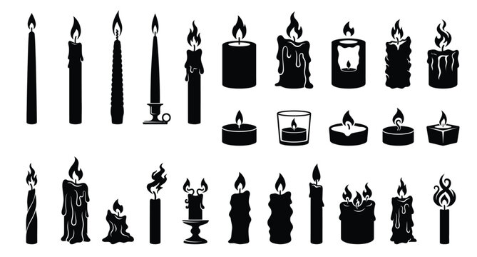 A professional vector silhouette sheet featuring 25 distinct variations of a single burning candle .eps