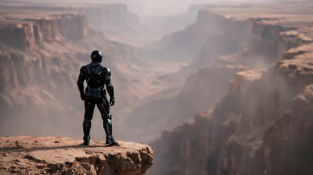 Futuristic soldier in advanced armor standing on a cliff edge overlooking a vast, arid canyon landscape. The character turns and waves, gesturing towards the desolate and rocky valley below