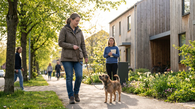 Certified dog behaviorist working calmly with leash-reactive terrier mix on suburban sidewalk during spring morning training session, owner