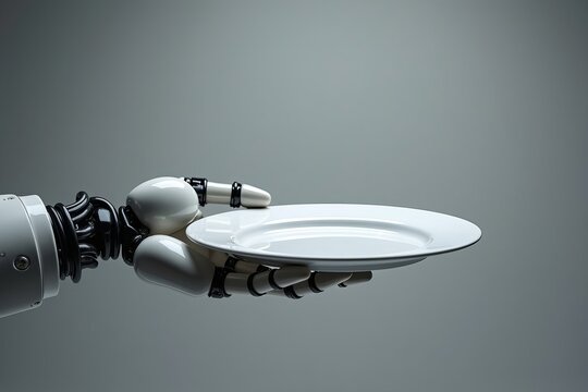 Idea for a photo: Robotic hand holding a plate against a grey backdrop, symbolizing innovation in hospitality technology.