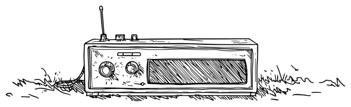 Vintage radio on grass line art illustration, retro transistor receiver engraving, antique electronics in nature drawing