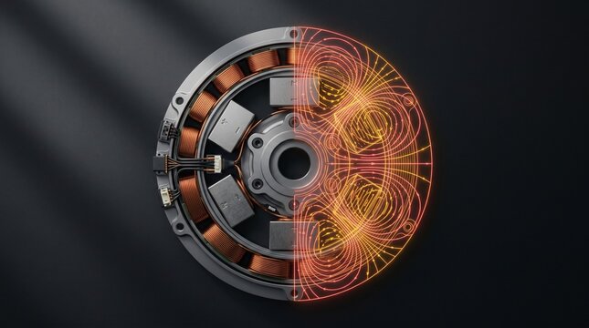 3D render of an electric motor split view showing physical copper wire coils and abstract glowing magnetic field lines on a dark background