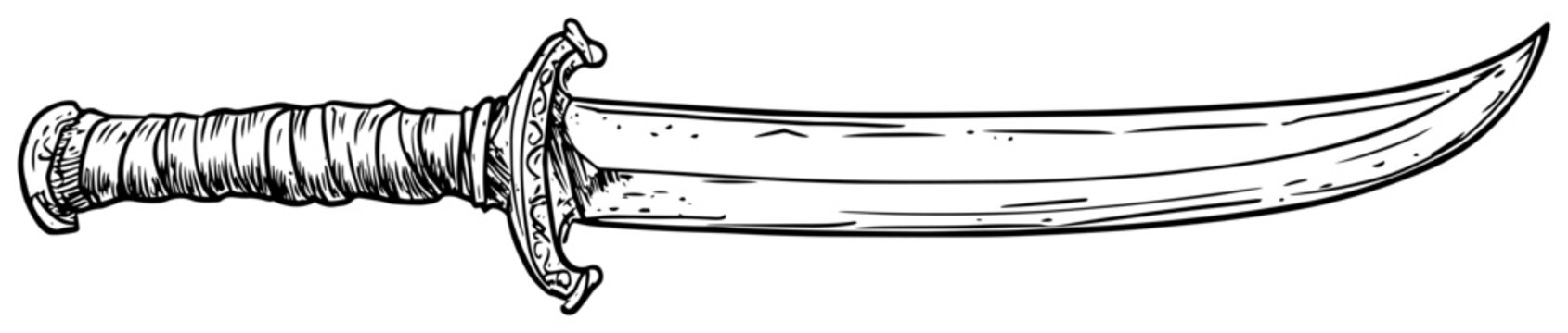 Antique curved sword or scimitar line art illustration, vintage blade weapon engraving, middle eastern dagger drawing