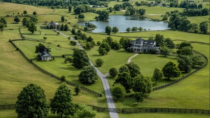 Obraz premium Expansive rural estate with manicured lawns, winding roads, and charming homes, all surrounded by lush greenery and a serene lake.