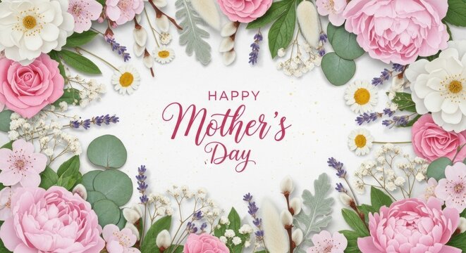 Happy Mother's Day beautiful floral heart with text overlay on white background